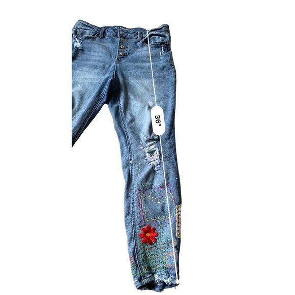 No Bo High Rise Skinny Jeans Womens JR 13 Button Fly Embroidered Patches Skater - Picture 11 of 11